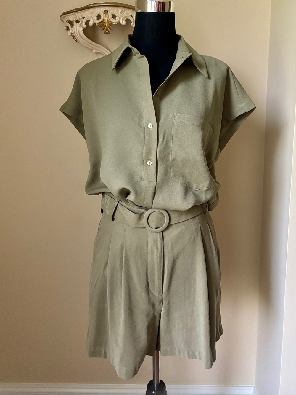 Mango Sage Green Two-Piece Shirt & Belted Shorts Set, Size M